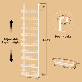 Churboro Over the Door Pantry Organizer Rack with 9 Adjustable Baskets, 9 Tiers Dual-use Hanging or Wall Mount Spice Rack Organizer, White