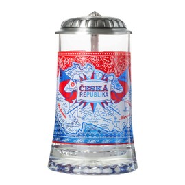 Czech Republik Heritage Flag & Map Glass Beer Stein with Metal Lid and Thumb Lift