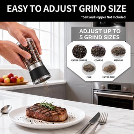 Premium Salt and Pepper Grinder Set of 2, 6 oz Refillable Glass Salt and Pepper Shakers with Adjustable Ceramic Grinder, Manual Pepper Mill Set Includes Funnel & Cleaning Brush, Transparent Lid