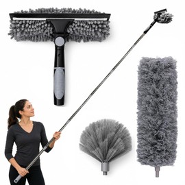 3-in-1 Feather dusters for Cleaning, Cobweb Duster with Extension Pole up to 13.8 ft, Reusable Long Duster with Window Squeegee for Cleaning high Ceilings, Spider Web, Fan