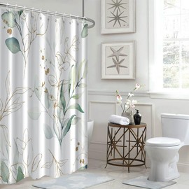 Sage Green Eucalyptus Shower Curtain, Spring Plant Leaves Shower Curtain Waterproof Fabric Watercolor Green and Gold Shower Curtain Set with Hooks, 72x78 Inch