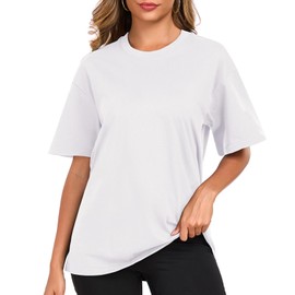 Womens Oversized Cotton T Shirts Crewneck Short Sleeve Tops Heavyweight Casual Loose Fit Drop Shoulder Fashion Tees White