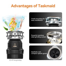 1/2 HP Garbage Disposal, TECASA Food Garbage Disposal with Power Cord, Stainless Steel Grinding System and 3-Bolt Mounting, Continuous Feed Compact Garbage Disposals, Taskmaid Series 50