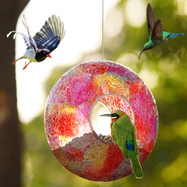 DUSVALLY Bird Feeder, Round Squirrel-Proof Wild Bird Feeder, Hanging Circle Mosaic Glass Bird Feeder for Outdoor Gardens and Yards Decoration, 9 Inch Circle Red