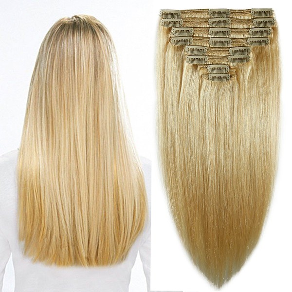 Clip-In Real Hair Extensions, 100% Remy Hair Extensions, 8 Double-Thick Wefts, 45 cm - 140 g, #613 Cool Light Blonde