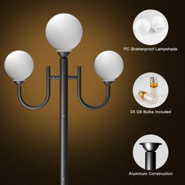 Lightdot Outdoor Lamp Post Light with Triple Head, Modern Stable Light Post Outdoor Hardwired Waterproof Black Aluminum Street Pole Lights for Garden Driveway Backyard Patio Walkway (Bulbs Included)