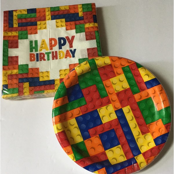 Block Party Supplies for 20 -- Block Party 7 inch dessert plates (20) and 12 inch Napkins (20) (Bundle of 2 items) Total 40 pieces