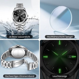 Taxau Stainless Steel Men's Watches Waterproof Watches Luxury Business Watches Multifunction Luminous Date Gift Men, 8470-silver band black face