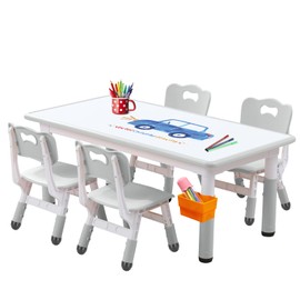 JIAOQIU Kids Table and Chair, Toddler Table and Chair Set, Adjustable Kids Table, Non-Slip Table Legs&Organizer, Graffiti Desktop, Suitable for Kids Table and Chairs Ages 3-12