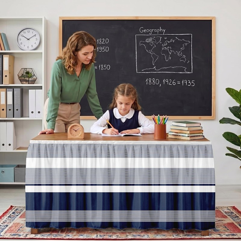Sanwarm Striped Navy Nautical Table Skirt for Desk Rectangular Tablecloth
