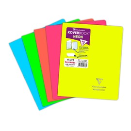 Clairefontaine 951723C Koverbook Neon Stapled Cover Polypropylene Opaque 17 x 22 cm 48 Sheets Lined with Margin Assorted Colours in Neon Colours Pack of 1