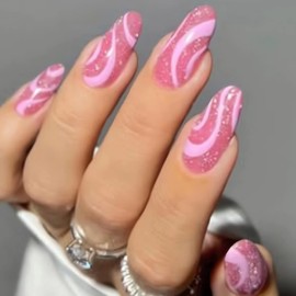 IMSOHOT Almond Press on Nails Medium Glitter Fake Nails Pink Wave Stiletto False Nails with Designs Glue on Nails Glossy Full Cover Acrylic Nails