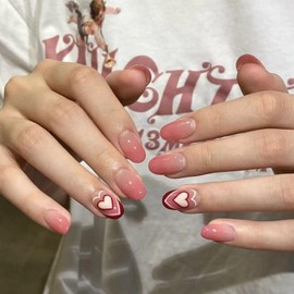 Spring Heart Press on Nails Short Oval Fake Nails Ombre Glue on Nails Pink False Nails with Design Acrylic Nails Full Cover Glossy Stick on Nails Artificial Nails for Women Girls