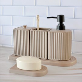 Carrot's Den Bathroom Accessories Set - Ceramic Toothbrush Holder, Lotion/Soap Dispenser, Cup, Soap Dish, Cotton Swab Holder (Light Taupe)