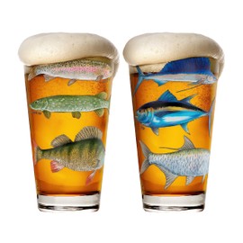 Greenline Goods – Fishing Glass Set for Fisherman and Outdoorsman – Fish Themed 16 oz Beer Glass Set of 2 - Freshwater and Saltwater Fish on the Glass