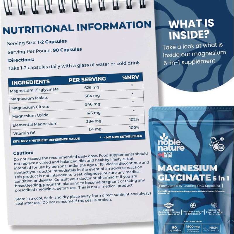 NobleNature 5-in-1 Magnesium Glycinate Max Strength, 90 Capsules