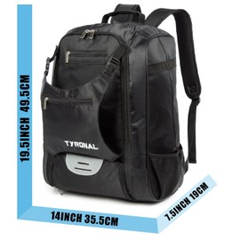 TYRONAL Baseball Bag - Baseball Backpack with Shoes Compartment for Youth and Adults,Large Capacity Baseball Bags Holds 4 Tee Ball Bats, Helmet, Gloves and Cleats. (Blk)