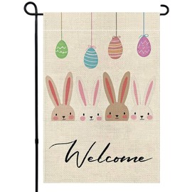 BreezyHue Bunny Easter Egg Garden Flag 12x18 Inches Burlap Double Sided Yard Welcome Easter Themed Outdoor Décor