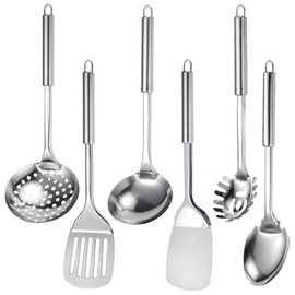 6 PCS Stainless Steel Kitchen Utensils Set - Metal Cooking Utensils Set for Cooking, Heat Resistant Spatula Set Kitchen Tool Set with Turners, Serving Spoon, Ladle, Skimmer, Pasta Server