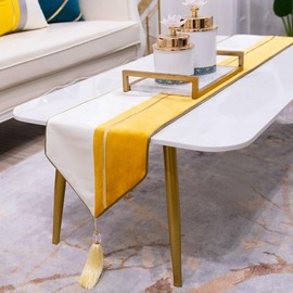 Avigers 12 x 78 Inch Decorative Luxury Yellow White Gold Leather Striped Patchwork Velvet Table Runners with Tassels for Home Living Room Bedroom Art Decor Wedding