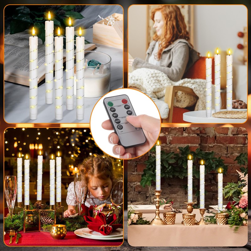 Rossesay 10 Pcs LED Flameless Taper Candles with String Light