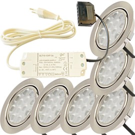 Rolux Set of 5 LED Recessed Spotlights Brushed Stainless Steel 15 mm Flat 3 W Warm White 3200 K 200 lm 12 V Including 15 W LED Transformer 230 V and 1.8 m Cable per Light for Living Room, Kitchen and