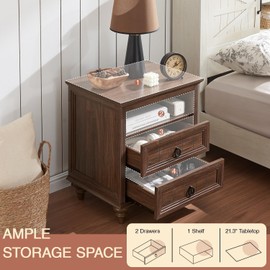 WINWY Farmhouse Nightstand with Charging Station, 22" Large End Table with 2 Drawers & Open Shelf, Rustic Wood Square Sofa Side Bedside Table w/4 Solid Wood Feet for Living Room, Bedroom,Walnut