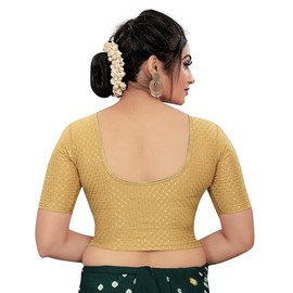Accessorize Kingdom Round Neck Dobby Cotton Lycra Stretchable Elbow Sleeve Readymade Saree Blouse for Women Stylish (Free Size) (Standard, A Beige, Free Size - 38-42)