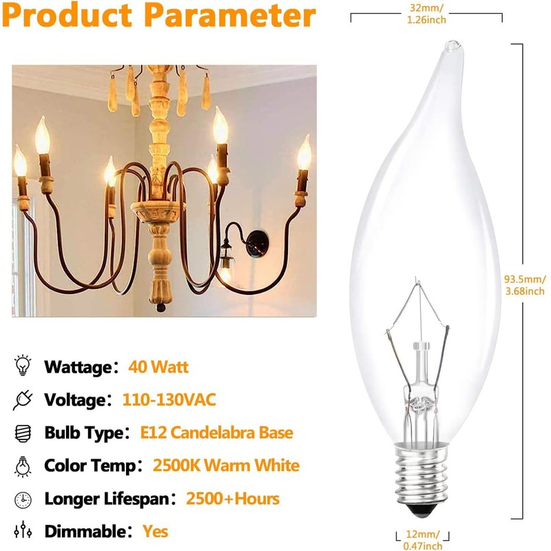 Tiqian 6-Pack E12 Base 60W 120V B10 CTC Incandescent Clear