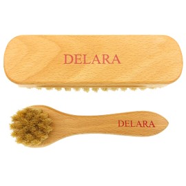 DELARA Two Small Wooden Handled Brushes With Natural Bristles, 1 Applicator Brush and 1 Buffing Brush - Natural Colour