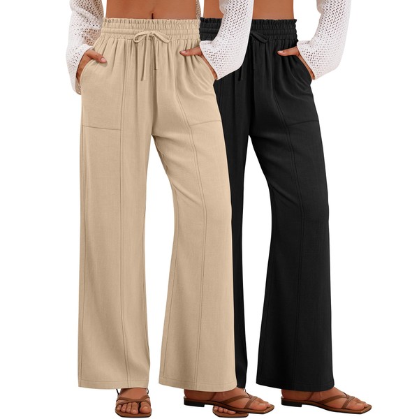 Xaatren 2 Pack Women's Linen Pants Summer Wide Leg Drawstring