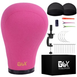 GEX 20"-24" Canvas Cork Wig Block Mannequin Head for Wig Making Drying Styling Display with Table C Clamp Stand Holder (Rosy 23")