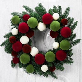 Juinte 16 Inches Christmas Cedar Wreath Set for Front Door Artificial Norfolk Wreath with Velvet Red Green and White Ball for Xmas Farmhouse Front Door Window Wall Party Decorative Hanging