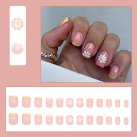 24Pcs Yellow French Press on Nails Short Square,ZIFANHU Pink Fake Nails Press ons Nail Art Tips Glue on Nails Full Cover Summer False Nails with Daisy Design Stick on Nails Acrylic Kit for Women