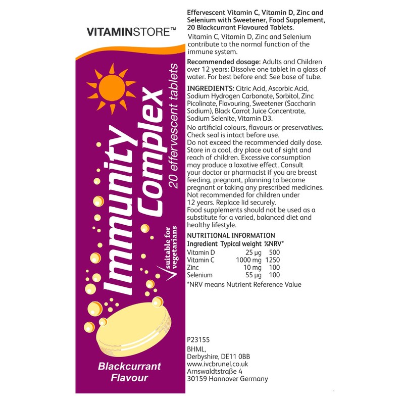 Vitamin Store Immunity Complex Effervescent Tablets, Blackcurrant Flavoured, Suitable for