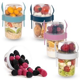 chedi 4-Pack 22 oz Portable Breakfast Cups with Lids & Spoons – Reusable Cereal and Yogurt Containers with Topping Compartment – Ideal for Granola, Oatmeal, Overnight Oats & Snacks (22 oz - 4 Pack)