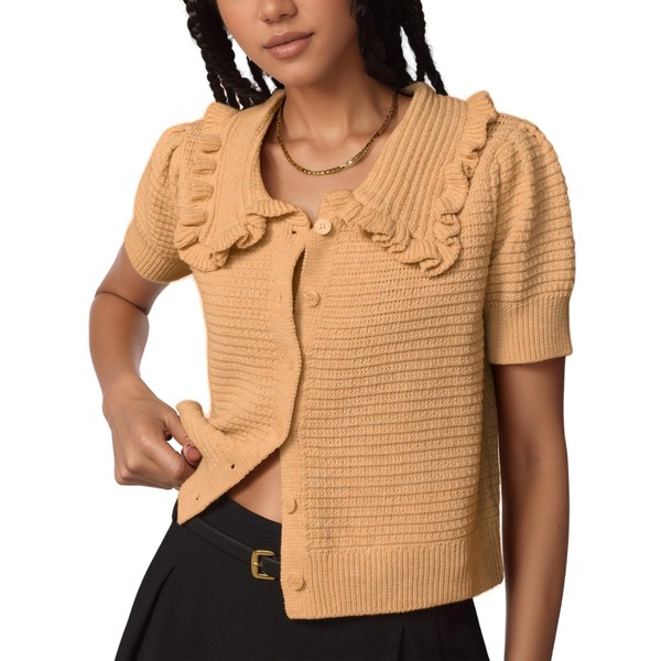 Watashi Womens Short Sleeve Cardigan Casual Button Down Ruffle Collared