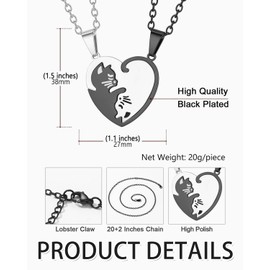 WUNZILO Pack of 2 cat pendant couples necklace, black silver couples necklace, puzzle pendant necklace, best gift for you and your lover, necklace with heart pendant