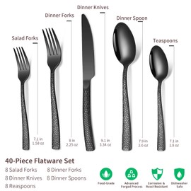 Remoxye 40-Piece Silverware Set, Black Hammered Stainless Steel Flatware Sets for 8, Food-Grade Tableware Set, Including Fork Knife Spoon Set, Durable Home Kitchen Cutlery Sets, Dishwasher Safe