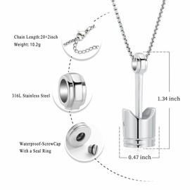 Car Parts Stainless Steel Piston Cremation Urn Necklace For Men Keepsake Memorial Jewelry Hold Ashes (Silver Tone)