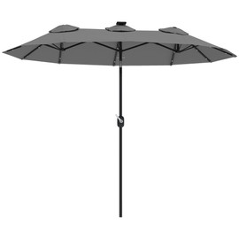 Outsunny Double Sided Patio Umbrella, 9.7' Large Outdoor Market Umbrella with LED Solar Light, Tilt and Crank, 3 Air Vents and 12 Ribs, for Garden, Deck, Pool, Gray