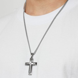 White Diamond Accented Stainless Steel Stacked Cross Pendant on 24" Twisted Curb Chain Necklace (H-I Color, I2-I3 Clarity)