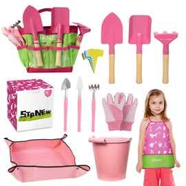 Stanew Kids Garden Tool Set, Childrens Gardening Kit Shovel Rake Trovel Gloves Apron with Bag and Apron, Garden Toys for kids, Pink