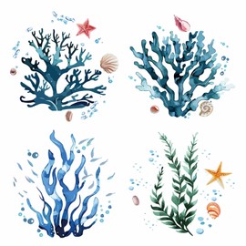 GORGECRAFT Window Sticker with Coral Motif, Summer Seaweed, Ocean and Sea Motif, Glass Window Sticker, Under the Sea, Waterproof, Removable, for Sliding Doors, Prevents Bird Strike, Room Decoration, 4