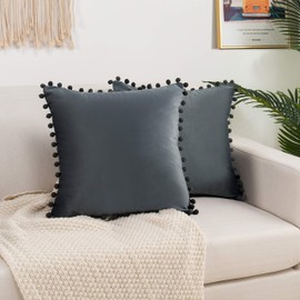 Elegant Comfort POM-POMS Fringe Velvet Cushion Covers Set of 2, Velvet Soft Solid Decorative Square Throw Pillow Covers Set Cushion Case for Couch Bed, Livingroom 18 x 18 Inch (45 x 45 cm), Gray