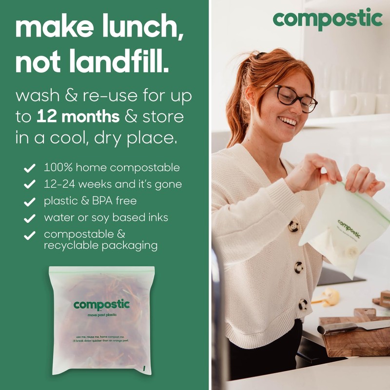 Compostic Home Compostable Resealable Snack Bags, Microwave & Freezer Safe,