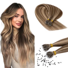 Benehair Nano Ring Hair Extensions Real Human Invisible Remy Straight #4/27 Medium Brown Mix Dark Blonde Nano Hair Extensions 50 Strands 22 Inches (35g)