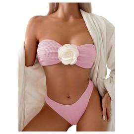 MakeMeChic - Conjunto de bikini de dos piezas para mujer, diseño de flores en 3D, sin tirantes, con lazo en la espalda, Rosado, Large