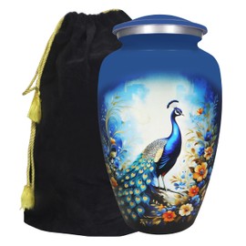 M MEILINXU Urn for Ashes Adult Male & Women, Cremation Urns for Human Ashes Adult Man & Female, Funeral Memorial Urn with Blue Peacock Design, Decorative or Burial Urns, Colorful Flowers - Large Size
