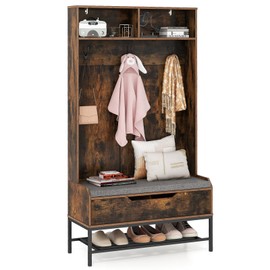 Tangkula 69 Inches Hall Tree, 4-in-1 Coat Rack with Bench and Shoe Storage, Seat Cushion, Open Compartments, Hooks, Lift-top Storage, Entryway Bench with Anti-toppling Devices (Rustic Brown)
